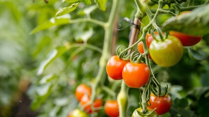 Vibrant Red Tomatoes Growing On Vine In Lush Green Foliage Outdoors