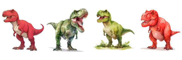 Obraz premium Four Colorful Tyrannosaurus Rex Dinosaurs Illustration Watercolor Style Cartoon Perfect for Kids