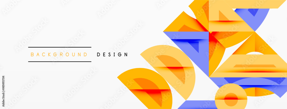 Poster abstract geometric shapes overlap, creating vibrant background design. orange, blue hues dominate co