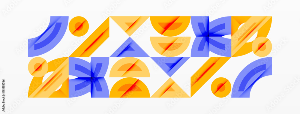 Poster Abstract geometric shapes repeat, utilizing blue, orange hues. Pattern creates dynamic visual texture. Minimalist design, clean lines present.