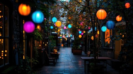A charming alleyway adorned with colorful paper lanterns at dusk