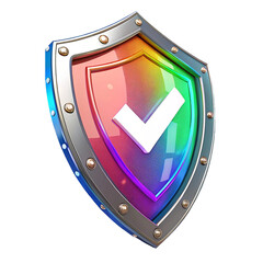 Colorful Futuristic 3D Shield with White Checkmark Icon – Glossy Metallic Design, Transparent Background, Next-Level Digital Artwork for UI/UX and Gaming