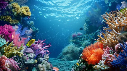 Naklejka premium Vibrant Underwater Scene Showcasing Colorful Coral Reefs and Diverse Marine Life