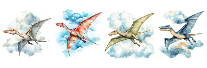 Obraz premium Watercolor Painting of Four Pterosaurs Flying Amidst Clouds A Stunning Prehistoric Scene