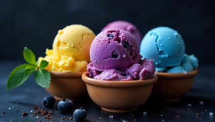 Lemon, Blueberry & Cookies Ice Cream

Colorful Summer Ice Cream Trio

Delicious Ice Cream Scoops

Fruity & Creamy Ice Cream Delight

Summer Ice Cream Flavor Trio