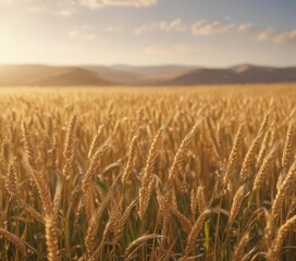 Obraz premium Golden wheat swaying gently in bright sunlight, vast field , grain, warm