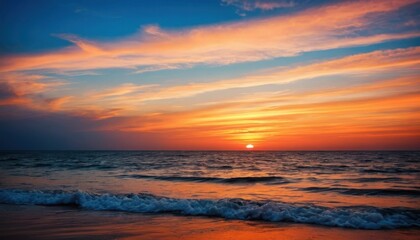 Obraz premium Golden sunlight reflects on the sea and wet sand during a vibrant sunset at the coast