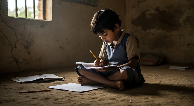 Poor Child Learning on Floor