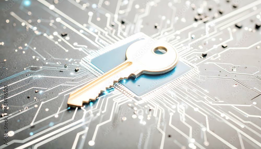 Canvas Prints golden key on blue circuit board digital background representing cybersecurity concept