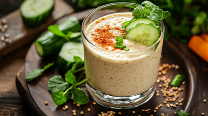 Wholesome plate with buckwheat, chicken, and a refreshing cucumber smoothie