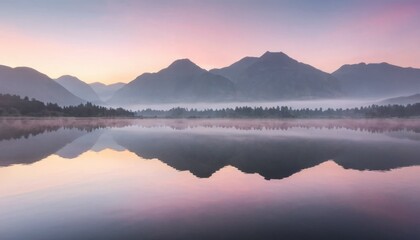 Fototapeta premium Morning fog creates a scenic view of the lake at sunrise, with reflections on the calm water under the vast sky