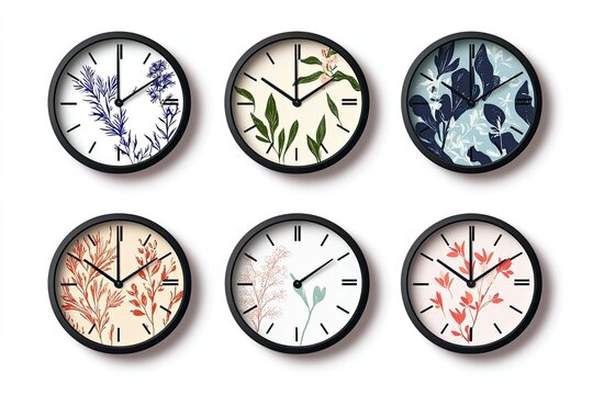 Set of wall clocks featuring botanical designs