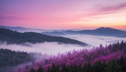 Fototapeta premium A red sunrise paints the misty mountain landscape with dawn breaking over the hills
