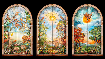 Stained glass windows depicting vibrant Renaissance garden scene with colorful trees, flowers, and wildlife, evoking sense of tranquility