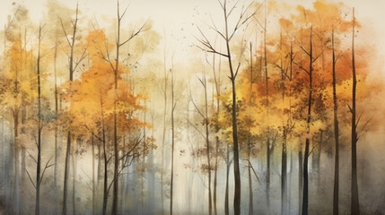 a mysterious autumn forest of misty dawn