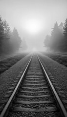 Fototapeta premium Misty fog obscures the steel railway tracks as they disappear into the distance, hinting at a journey through the hazy landscape