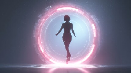 Naklejka premium Futuristic Female Character Avatar Stepping into Digital Portal