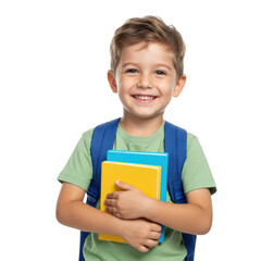 Smiling schoolboy with books isolated on transparent background