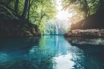 Stream In Woods: Serene River Flowing Through Lush Forest Landscape