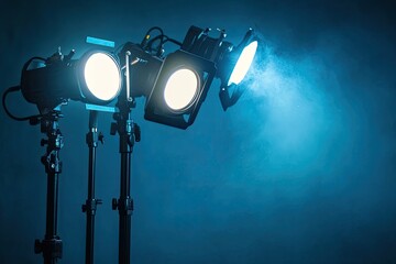 Professional studio lights illuminating a scene.  Three spotlights,  mounted on stands,  cast bright white light,  creating a dramatic,  blue-toned backdrop with smoke