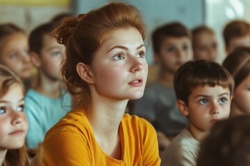 Obraz premium Teach Class. Young Female Teacher Engaging with Students in Classroom Discussion