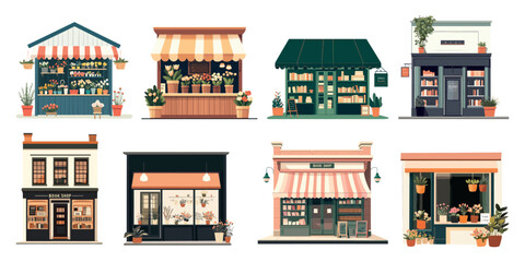 Charming storefronts with colorful designs, isolated vector set