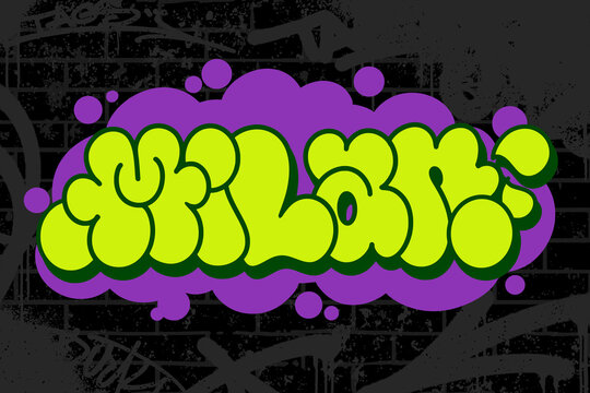 Graffiti throw-up text &ldquo;Milan&rdquo; in bold bubble letters on black brick wall background. Features graffiti scribbles for authentic urban style. Ideal for posters, apparel, and street art designs.
