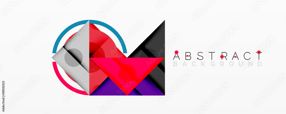 Poster geometric shapes overlap, creating vibrant abstract design. red, purple, gray tones dominate composi