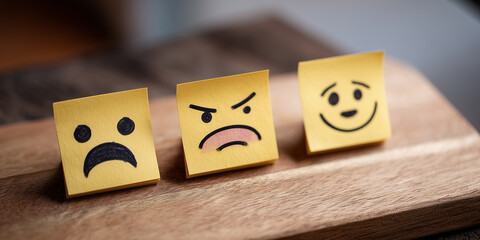 Yellow sticky notes expressing emotions featuring sad, angry, and happy faces on a wooden surface representing mood changes and emotional expression
