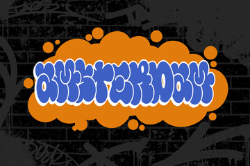 Graffiti throw-up text “Amsterdam” in bold bubble letters on black brick wall background. Features graffiti scribbles adding urban edge. Ideal for streetwear, posters, and digital art.
