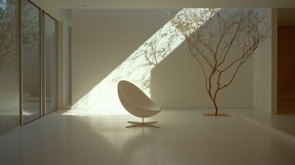 A modern interior featuring an egg shaped chair and tree