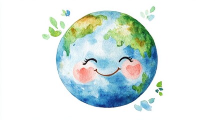 Naklejka premium A cute, smiling Earth illustration with rosy cheeks and watercolor textures, surrounded by small green leaves on a white background.