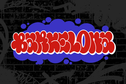 Graffiti throw-up text &ldquo;Barcelona&rdquo; in bold bubble letters on black brick wall background. Features graffiti scribbles adding urban edge. Ideal for posters, apparel, and street art designs.
