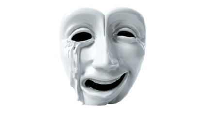 A theatrical mask expressing dual emotions. transparent background
