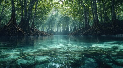 Fototapeta premium Sunlight filters through dense mangrove trees and clear water, revealing tangled roots and lush greenery in a serene, natural wetland.