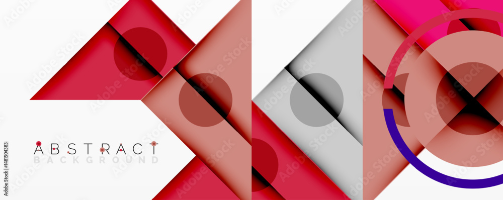 Poster geometric shapes overlap, creating dynamic composition. red, gray, pink hues dominate design. modern
