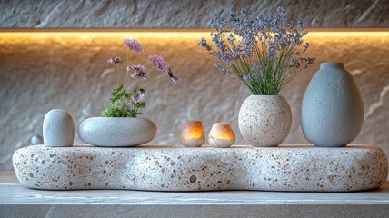 Obraz premium Elegant minimalist decor featuring textured stone vases and fresh flowers, illuminated by soft ambient lighting for a serene and stylish atmosphere.