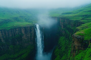 Majestic waterfall cascading down a steep canyon, shrouded in misty clouds. Lush greenery surrounds the dramatic landscape