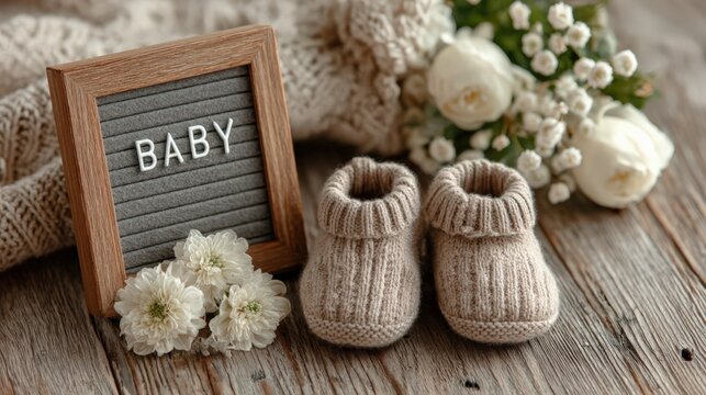 Newborn Announcement: A delicate arrangement of a baby's knitted booties, a letter board announcing the arrival of a new baby.