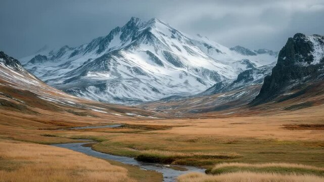 tundra landscape with patches of snow and wind-blown grass, overcast lighting 