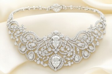 Obraz premium Elegant Diamond Necklace Close-Up on Silk Background, Bridal Jewelry, Luxury Fashion, Studio Shot, High-End Design