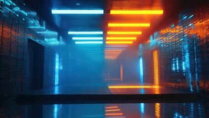 A neon-lit cyberpunk room brims with blue and orange lights, casting a futuristic vibe.