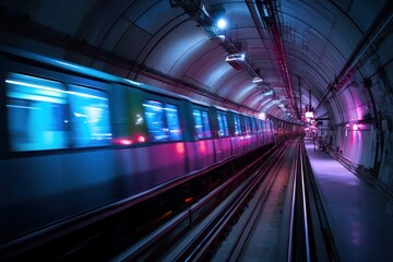 Fototapeta premium Neon-lit subway train zooms through a futuristic tunnel, lights flashing all around.