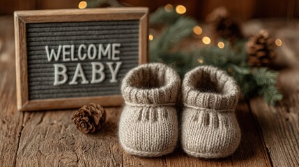 Warm Welcome Baby: A heartwarming composition featuring a welcoming sign and a pair of tiny baby booties, symbolizing the joy and anticipation of new life and a moment of tender innocence.