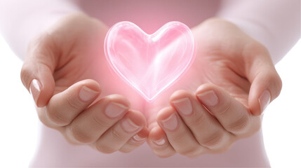 Hands holding a glowing heart symbol of love. transparent background