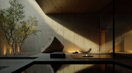 Interior courtyard showcases minimalistic design alongside natural elements beautifully