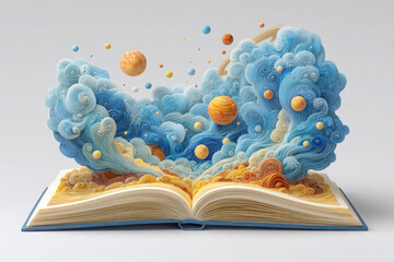 An open book bursts with swirling clouds and planets, creating a magical, imaginative scene of cosmic exploration and creativity.