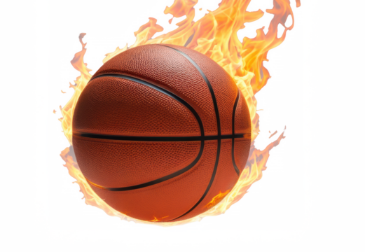Pelota de basquetbol avanzando en llamas sobre fondo transparente. PNG.