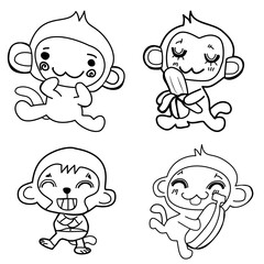 Cute monkey illustrations, black and white.