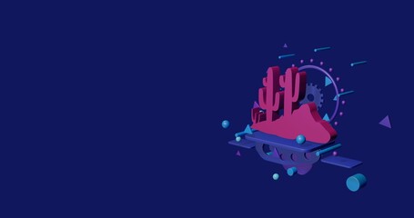 Pink wild cactus symbol on a pedestal of abstract geometric shapes floating in the air. Abstract concept art with flying shapes on the right. 3d illustration on indigo background